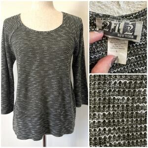 VTG 90s Marl Knit Sweater L Olive Green White Textured Minimalist 3/4 Sleeve USA